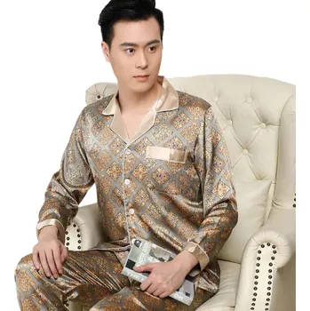 Pánská móda Pánské pyžamo dlouhý rukáv a kalhoty s límečkem Knoflíkové zapínání Kapsička Polyester Zlaté s ornamenty S