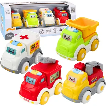 Městská autíčka pro malé děti s mechanickým pohonem, světly a zvuky – sada 4 vozidel