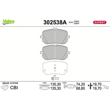 Brzdová destička Sada brzdových destiček, vždy 4 kusy v sadě VALEO 302538A