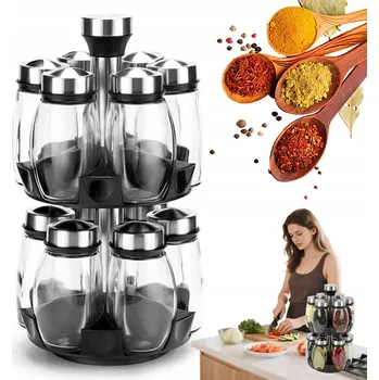 Obraz OTOČNÝ REGÁL NA KOŘENÍ 360° S 12 SKLENĚNÝMI DÓZAMI KUCHYŇSKÉ NÁDOBY