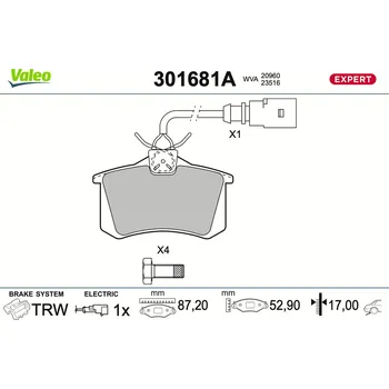 Brzdová destička Sada brzdových destiček, vždy 4 kusy v sadě VALEO 301681A