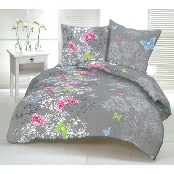 Povlečení Krepové povlečení 200x220 šedé motýlci barevný ornament na knoflíky bavlněné