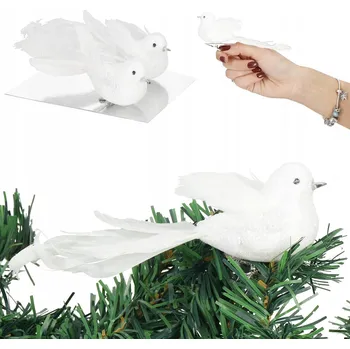 Vánoční dekorace BROKÁTOVÍ PTÁČCI NA VÁNOČNÍ STROMEK DEKORACE PTÁCI SADA VÁNOČNÍ OZDOBY BÍLÉ 2x