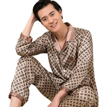 Pánské pyžamo Pánské pyžamo dlouhý rukáv a kalhoty s límečkem Knoflíkové zapínání Kapsička Polyester Starorůžové s ornamenty XL