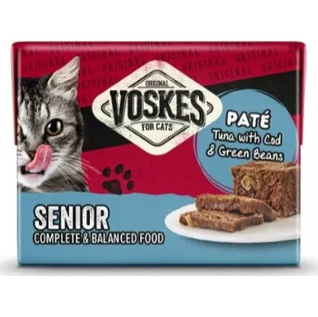 Krmivo pro kočku Voskes originální paštika TUŇÁK s TRESKOU pro kočky SENIOR krmivo mokré