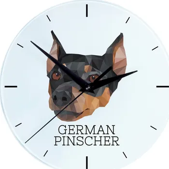 Hodiny Střední pinč – skleněné nástěnné hodiny s geometrickým psem