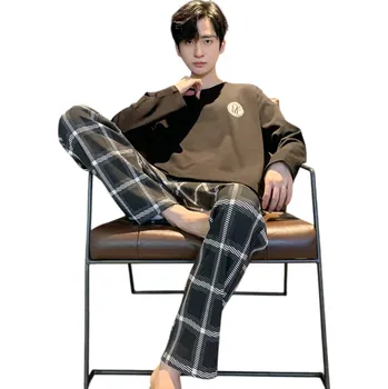 Pánské pyžamo Pánské pyžamo dlouhý rukáv a kostkované kalhoty O výstřih Polyester Spandex Černé pyžamo se znakem na prsou M