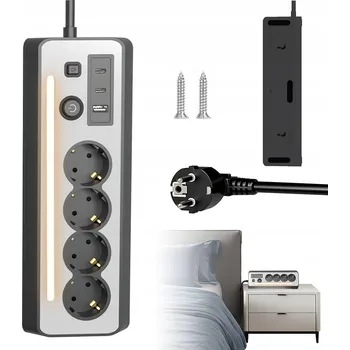 Napájecí kabel ČERNÁ ZÁSUVKOVÁ LIŠTA 4 ZÁSUVKY 2 USB C 1 USB A LED DO KUCHYNĚ