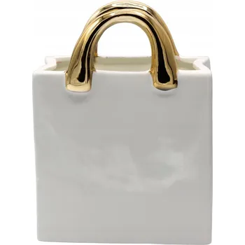 Váza Keramická váza Kabelka bílá se zlatými držadly Malá 20,6 cm Elegantní