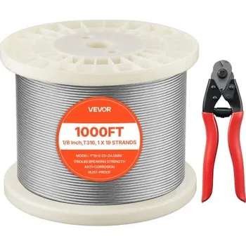Lano Ocelové lano VEVOR 3,2 mm, délka 304,8 m, nerezové ocelové lano 316 s řezacím kleštěm, pevnost v tahu 798 kg, konstrukce 1 x 19 pramenů, ocelové lano pro zábradlí terasy, zahradní treláž