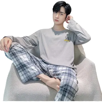 Pánské pyžamo Pánské pyžamo dlouhý rukáv a kostkované kalhoty O výstřih Polyester Spandex Šedé pyžamo s nápisem smile na hrudníku XS