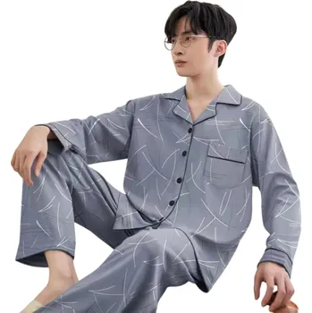 Pánské pyžamo Pánské pyžamo dlouhý rukáv a kalhoty s límečkem Knoflíkové zapínání Polyester Modro šedé pyžamo se znaky a kapsičkou XL