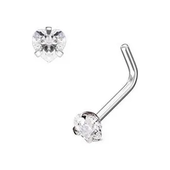 Piercing N0068-C Zahnutý piercing do nosu srdíčko, čirý kamínek - srdce