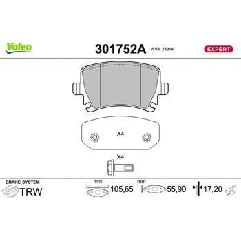 Brzdová destička Sada brzdových destiček, vždy 4 kusy v sadě VALEO 301752A