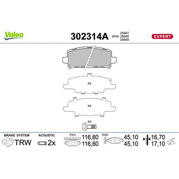Brzdová destička Sada brzdových destiček, vždy 4 kusy v sadě VALEO 302314A