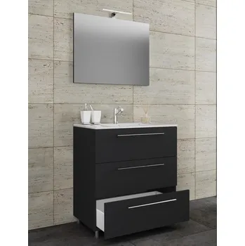 Koupelnový nábytek VCM 3dílná umyvadlová skříňka Badinos 3 zásuvky 60 cm se zrcadlem, černá 487781