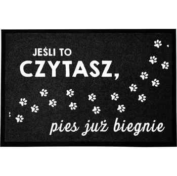 Rohožka ČERNÁ VSTUPNÍ ROHOŽKA 40X60 KE DVEŘÍM - VTIPNÁ S MOTIVEM PSA - UŽ BĚŽÍM
