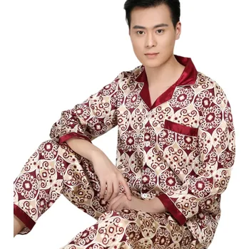 Pánské pyžamo Pánské pyžamo dlouhý rukáv a kalhoty s límečkem Knoflíkové zapínání Kapsička Polyester Červené se zlatými ornamenty M