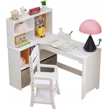 Psací stůl Dětský psací stůl s židlí, rohový (tvar L), se zásuvkami, bílý