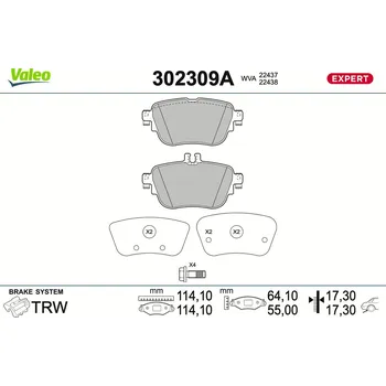 Brzdová destička Sada brzdových destiček, vždy 4 kusy v sadě VALEO 302309A
