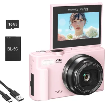 Digitální kamera Vlogovací kamera 64 MP UHD 4K 18× zoom Výklopný LCD 180° WiFi Webkamera Autofokus Fotoaparát s SD kartou 16 GB růžová