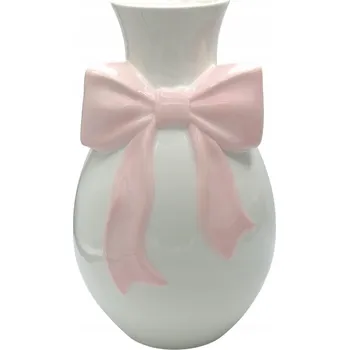 Váza Keramická váza bílá s růžovou mašlí Velká elegantní dekorativní váza