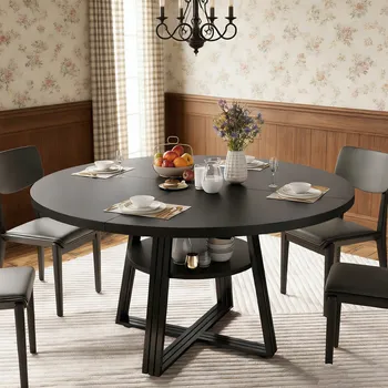 Jídelní stůl Kulatý dřevěný stůl 120 cm pro 4-6 osob, pevná kovová podnož, černý