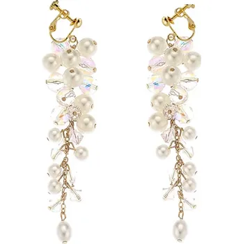 Náušnice B-TOP Zlaté klipsové náušnice s dlouhými střapci, umělými perlami a krystaly