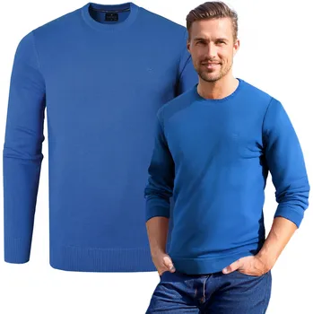 Pánský svetr Svetr Pako Jeans hladký bavlněný modrý chrpa kulatý výstřih XXL
