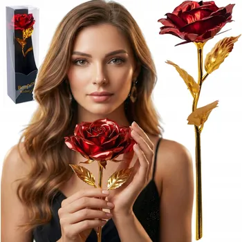 umělá květina ČERVENO-ZLATÁ RŮŽE V KRABIČCE - VĚČNÁ UMĚLÁ RŮŽE JAKO DÁREK K SVÁTKŮM A JINÝM PŘÍLEŽITOSTEM