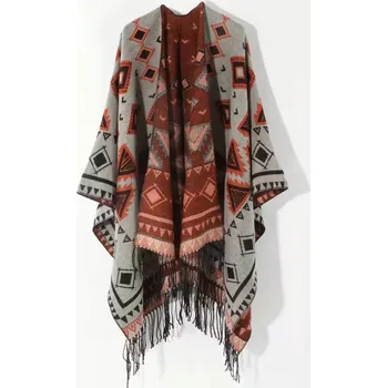 Šála PONČO Šála Přehoz Tkané Boho Western šedá černá cihlová módní 2v1