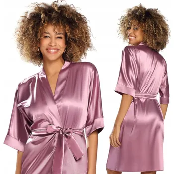 Dámský župan Dámský saténový župan Župan s vázáním v pase, dlouhý, vřesová barva, velikost M