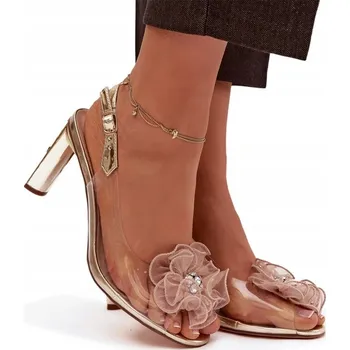 Dámská obuv DÁMSKÉ SANDÁLY OCBAS SLOUPEK KŘIŠŤÁLY OZDOBA D&A MR52-236 ZLATÉ 39