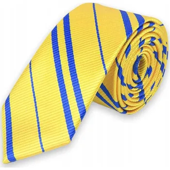 Kravata Pánská kravata žlutá s modrými proužky, úzká, elegantní