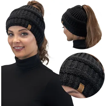 Čepice Vivisence 7075 černá teplá s otvorem pro zimní poníka ČEPICE