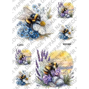 Umělecký papír Rýžový a soft papír na decoupage - Včelka na květině - KB4791 Materiál: Soft, Rozměr: A4