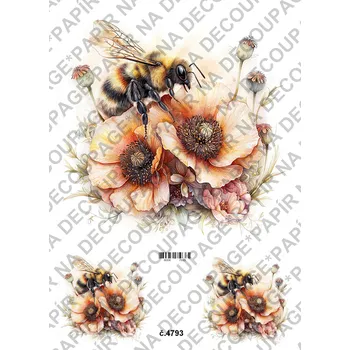 Umělecký papír Rýžový a soft papír na decoupage - Včelka na květině - KB4793 Materiál: Soft, Rozměr: A4