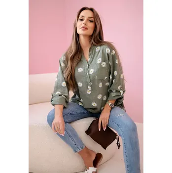 Dámská halenka Kesi Włoski Lněná dámská halenka s květinovým vzorem, dlouhými rukávy a knoflíky khaki Kesi Włoski kaki 3268908