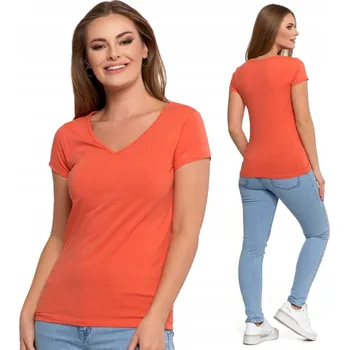 Dámské oblečení BAVLNĚNÉ DÁMSKÉ TRIČKO S VÝSTŘIHEM DO V HLADKÉ MORAJ ORANŽOVÉ S