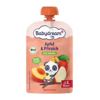 Babydream BIO ovocný příkrm Jablko, broskev a vanilka 100 g