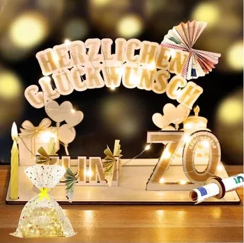 Zahradní dekorace Dárek k 70. narozeninám pro muže a ženy, dřevěný dárek ve formě peněz s LED světýlky, dárek k 70.