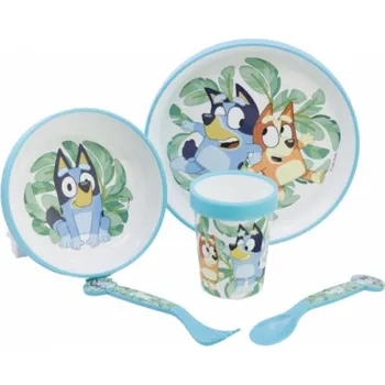 Dětský jídelní set Bluey 5-dílný – talíř, miska, sklenice a příbory, BPA free, 50675
