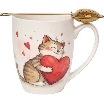 DUO porcelain Hrnek 350 ml s kovovým sítkem ve tvaru srdce - Kotě s velkým srdcem