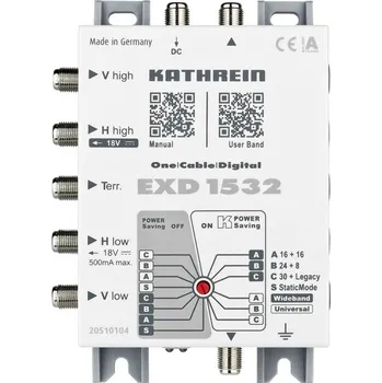 Redukce Kathrein EXD 1532 rozdělovač satelitního signálu Vstupy (vícenásobný spínač): 5 (4 SAT/1 terestrický) Počet účastníků: 32 Standby