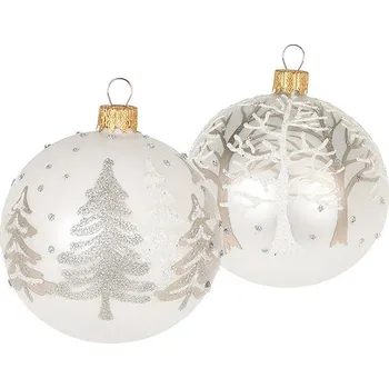 Vánoční dekorace H&L Vánoční koule skleněná se stromky, bílá/perleťová, 8 cm, sada 2 ks