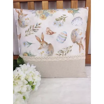 Povlak na polštářek Povlak na polštář 40 x 40 cm – velikonoční zajíčci a vajíčka na béžové | Ruční výroba