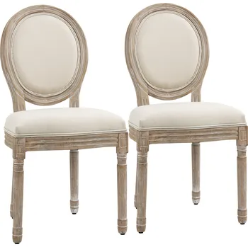 Jídelní židle HOMCOM sada 2 jídelních židlí vintage kuchyňská židle čalouněná židle s opěradlem len-dotek kaučukovník krémová bílá+přírodní 49 x 56 x 96 cm | Aosom