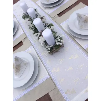 Vánoční dekorace Vánoční jídelní sada - sada pro 4 osoby - bílý kanafas se zlatými stromečky