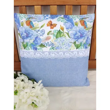 Povlak na polštářek Povlak na polštář 40 x 40 cm – Ledňáčci a hortenzie s krajkou | Ruční výroba z bavlny