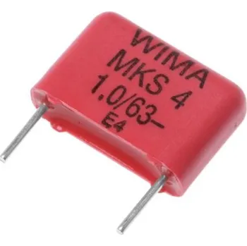Fóliový kondenzátor, řada: MKS4 1μF ±10procent 40 V ac, 63 V dc, Průchozí otvor WIMA